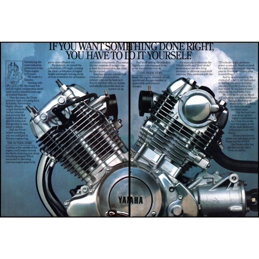 1981 Yamaha V-Twin 750 Motorcycle Motor 2 Page Vintage Print Ad Man Cave Art